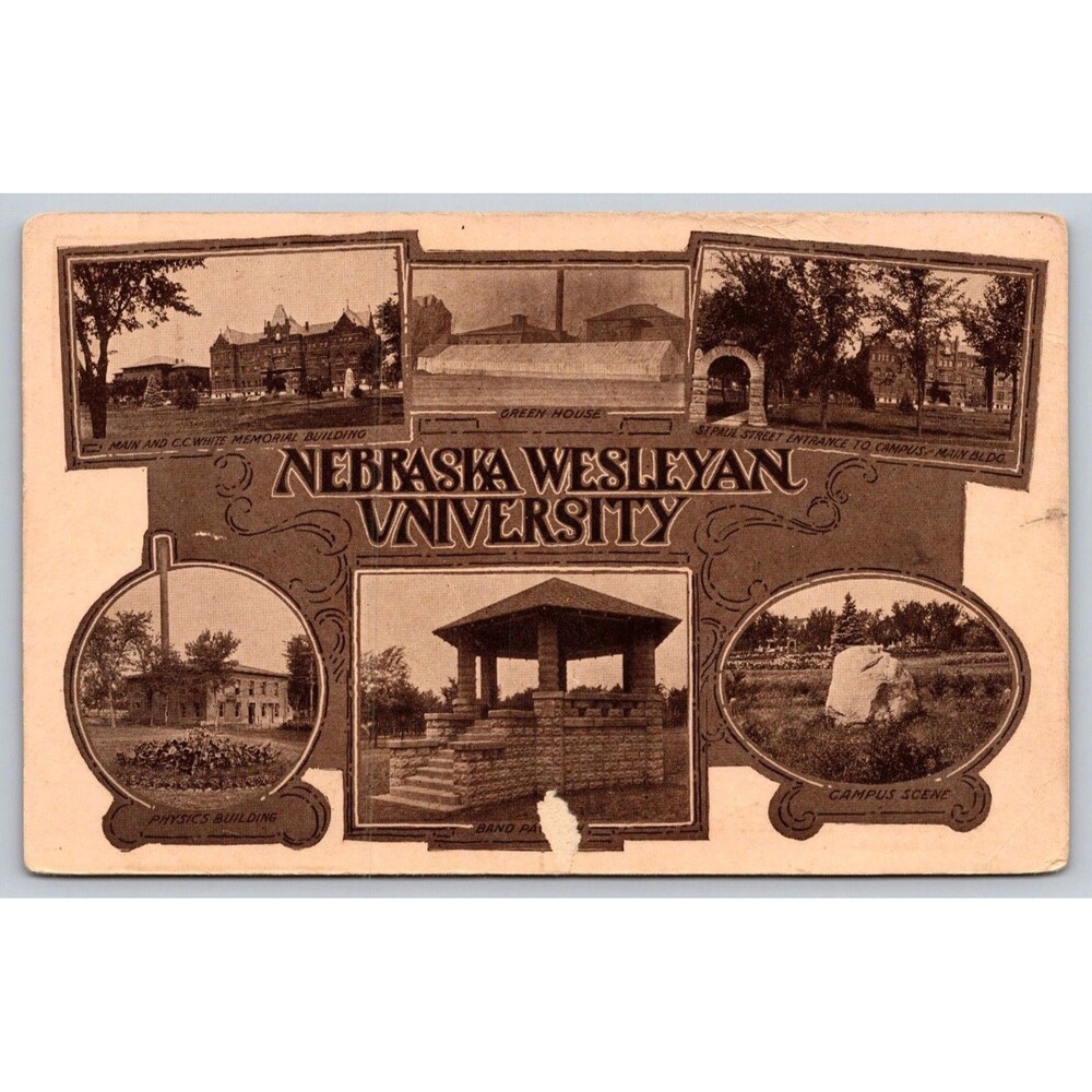 Vintage Nebraska Wesleyan University Multi-View Postcard Band Pavilion Main Hall